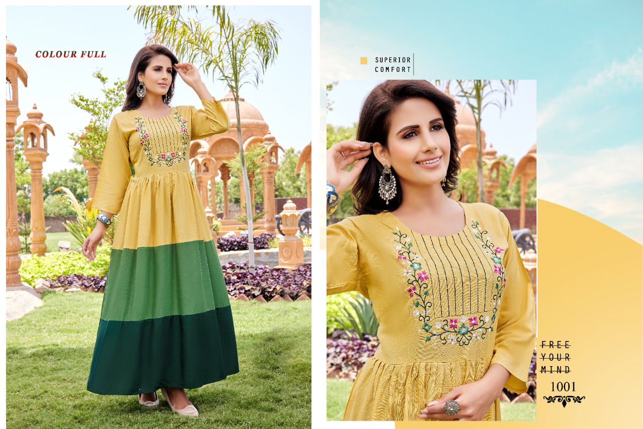 Colour Full 1001 Fancy Party Wear Rayon Long Anarkali Kurti Collection